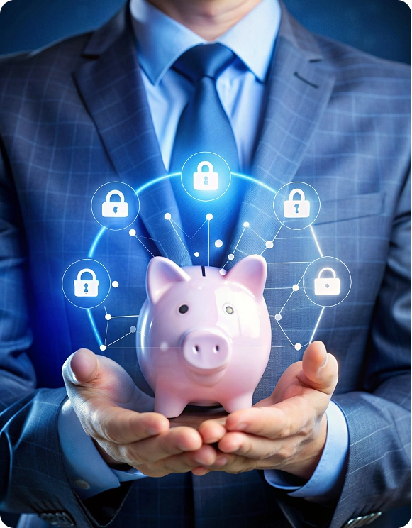 Person in a suit holding a pink piggy bank surrounded by digital padlock icons symbolizing financial security.