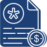 Blue icon of a document with an asterisk symbol and a dollar sign coin, indicating insurance or financial document.