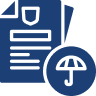 Blue icon showing a document with text lines and a shield, next to an umbrella symbol representing coverage or protection.