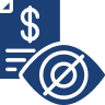 Blue icon of a falling dollar bill with motion lines next to an eye symbol crossed out.