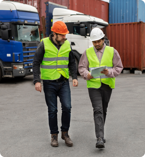 Two men wearing safety vests and helmets walking and reviewing documents in a shipping yard with trucks and cargo containers in the background.