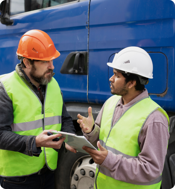 Two construction workers wearing safety vests and helmets discussing while holding a clipboard in front of a blue truck.