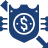 Blue shield with a dollar sign in the center and a magnifying glass inspecting the shield.