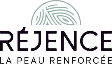 Logo de Réjence avec motif circulaire stylisé au-dessus du texte, accompagné du slogan La peau renforcée.