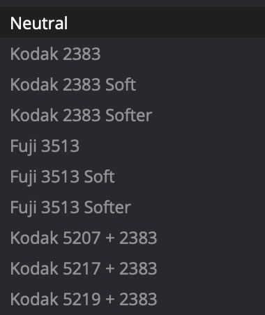 List of neutral photo filter options including Kodak 2383, Kodak 2383 Soft, Kodak 2383 Softer, Fuji 3513, Fuji 3513 Soft, Fuji 3513 Softer, Kodak 5207 + 2383, Kodak 5217 + 2383, and Kodak 5219 + 2383.