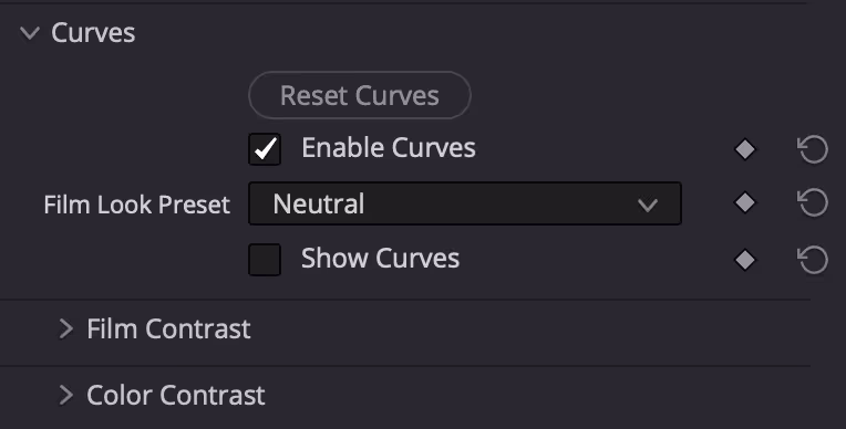 Curves adjustment panel with options to reset curves, enable curves (checked), Film Look Preset set to Neutral, and a Show Curves checkbox (unchecked).