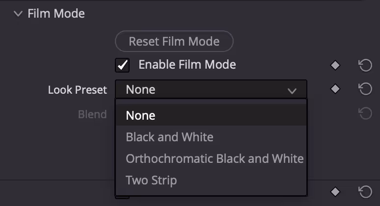 Film Mode settings panel showing 'Enable Film Mode' checkbox checked and Look Preset dropdown expanded with options None, Black and White, Orthochromatic Black and White, and Two Strip.