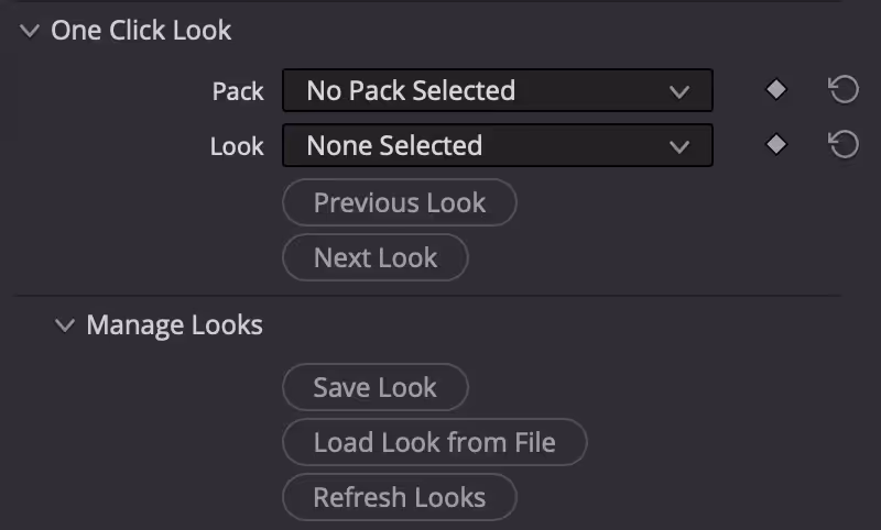 User interface panel with expandable sections for One Click Look and Manage Looks including dropdowns for Pack and Look selection, and buttons for saving, loading, and refreshing looks.