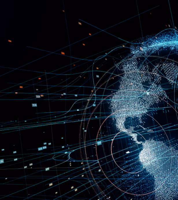 Digital globe composed of blue and white particles interconnected with curved lines against a dark background, representing data flow and global connectivity.