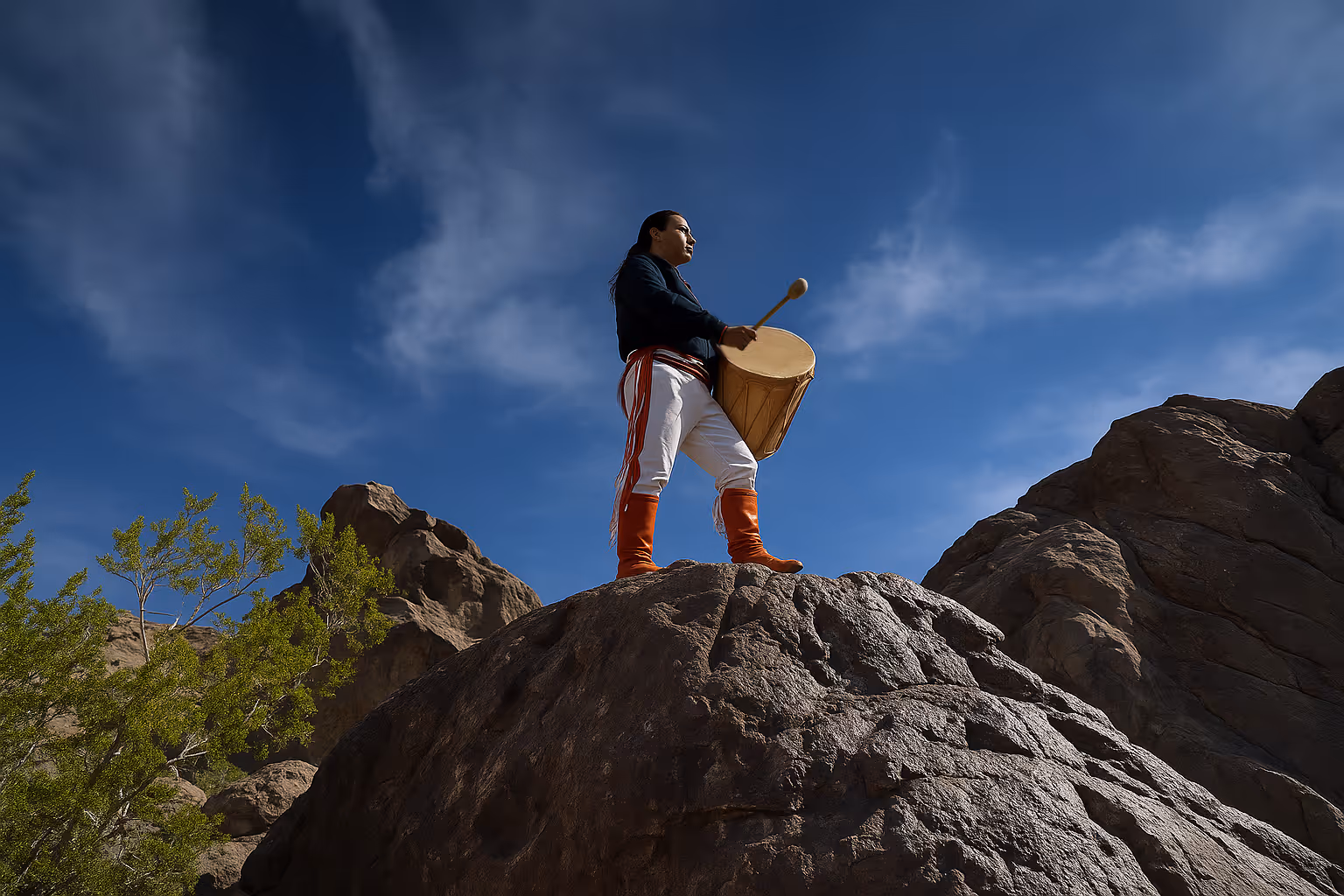 Person in traditional attire playing a drum while standing on a large rock under a blue sky.
