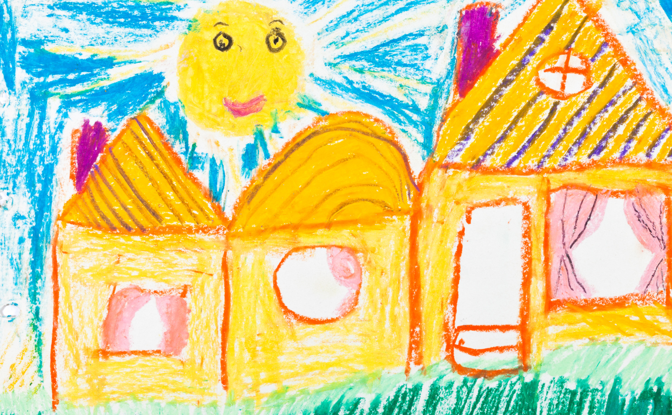 Child's colorful crayon drawing of houses with yellow roofs, pink curtains, and a smiling sun.
