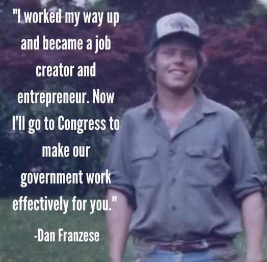 Young man wearing a blue shirt and cap standing outdoors with trees in the background, alongside a quote by Dan Franzese about working up to become a job creator and entrepreneur and going to Congress to make the government work effectively.