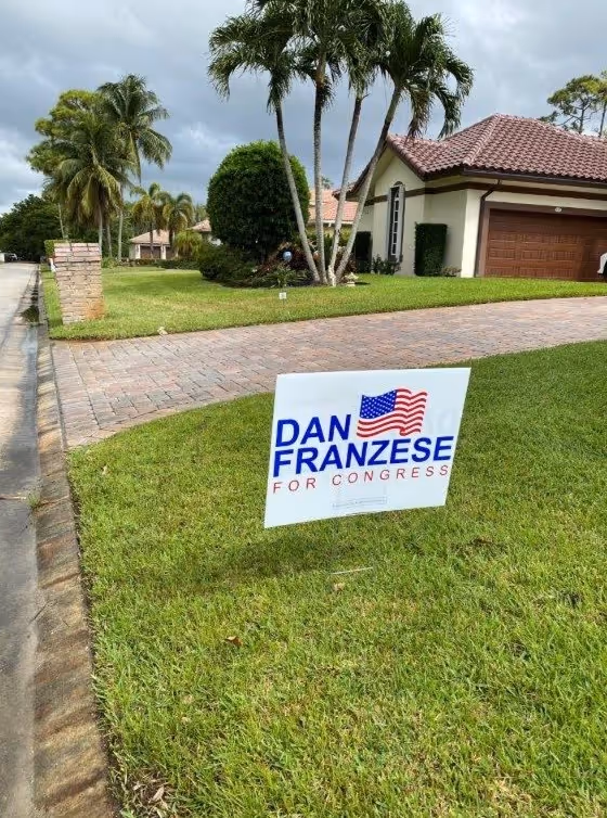 Yard sign that reads 'Dan Franzese for Congress' with an American flag graphic.