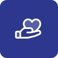 White line icon of a hand holding a heart on a blue rounded square background.