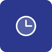 White clock icon showing 3 o'clock on a blue square background with rounded corners.