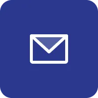White envelope icon on a blue rounded square background representing email.