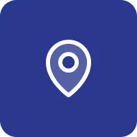 White location pin icon on a blue square background with rounded corners.
