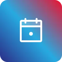 White calendar icon with a dot marking a date on a blue and red gradient background.
