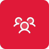 White icon of three people on a red rounded square background.
