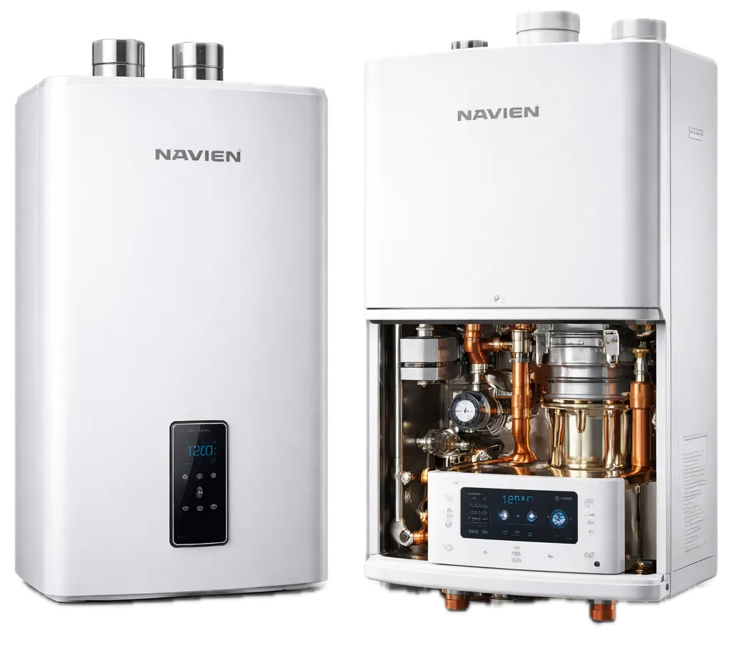 Two Navien tankless water heaters side by side, one with closed cover, one with open cover showing internal pipes and digital control panel.
