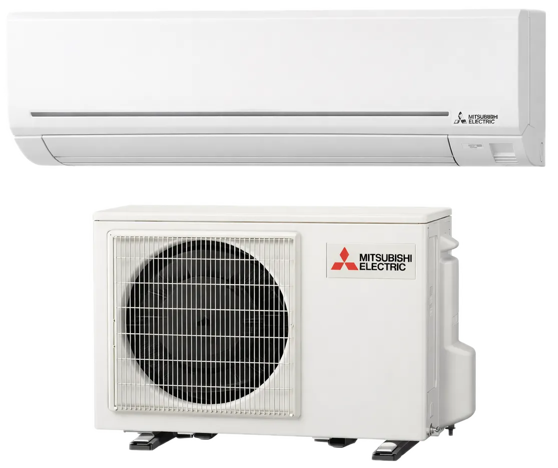 Mitsubishi Electric white wall-mounted indoor air conditioner unit and outdoor compressor unit.