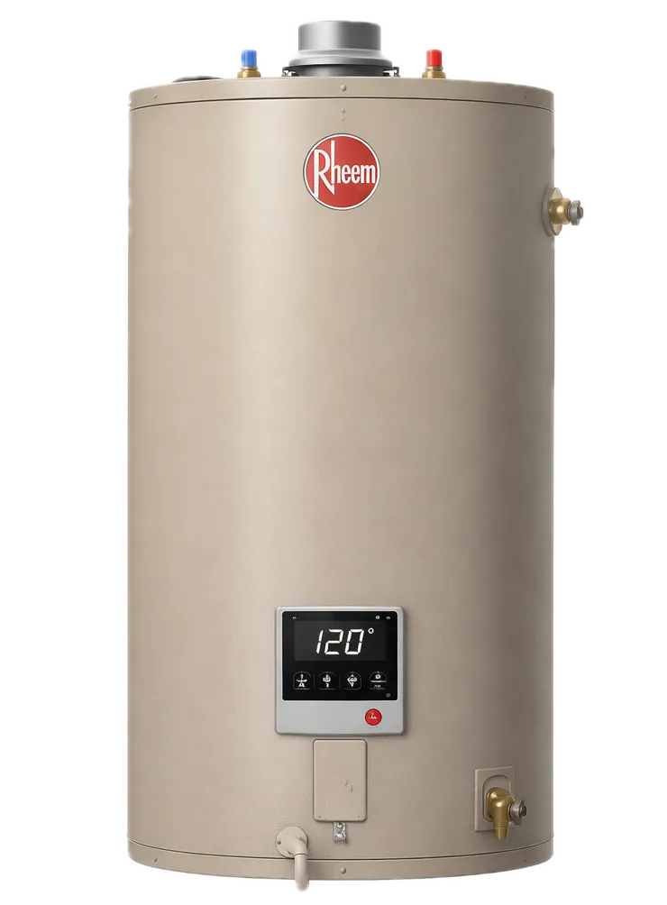 Rheem beige water heater with digital display showing 120 degrees.