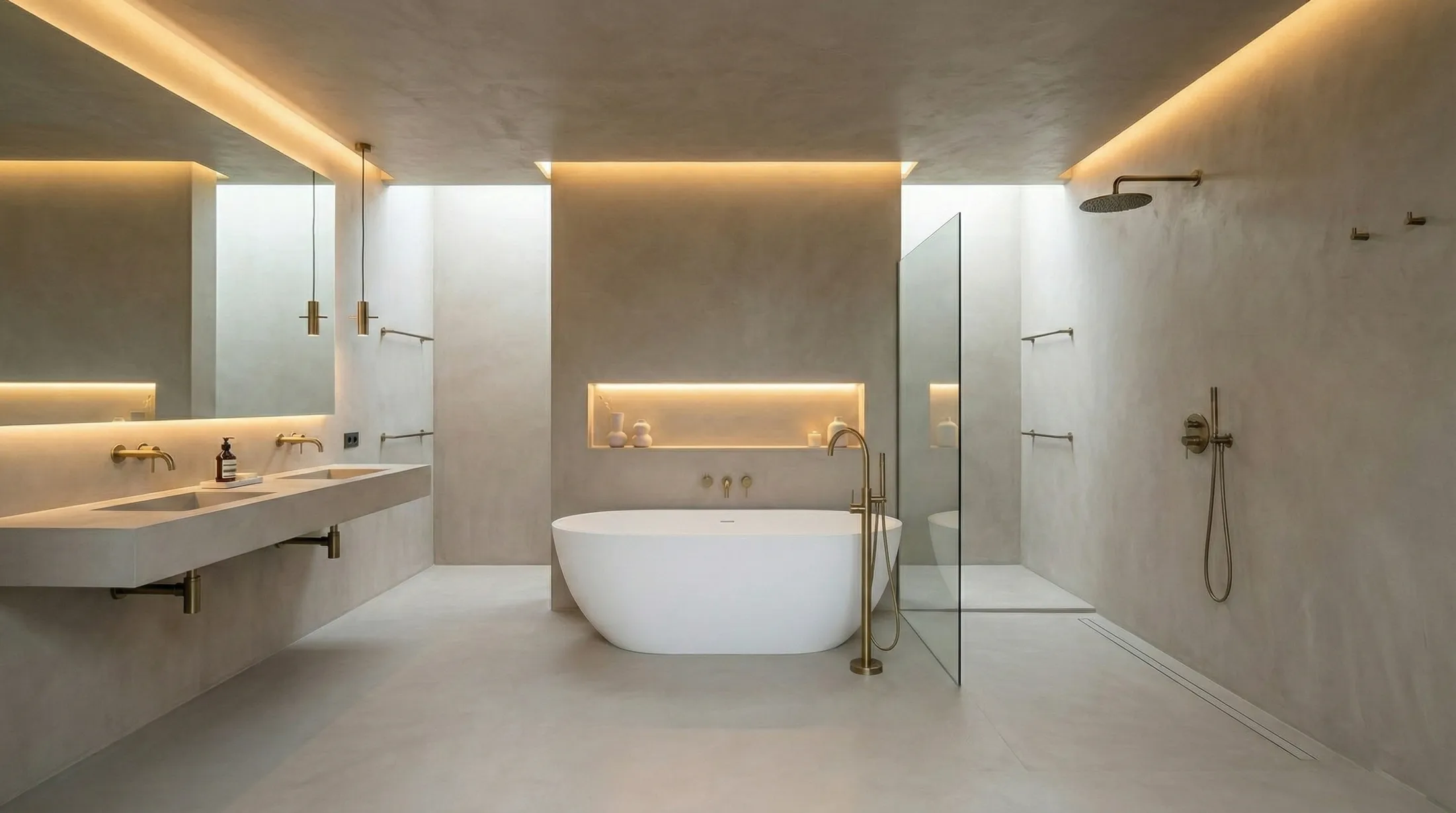 Moderne baderom med stort speil, badekar, og led lys