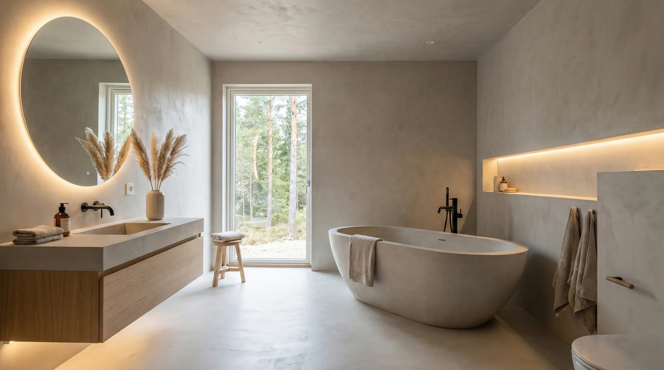 Modern minimalist bathroom with oval freestanding bathtub, floating wood vanity with round backlit mirror, large window showing forest view, and neutral beige tones.
