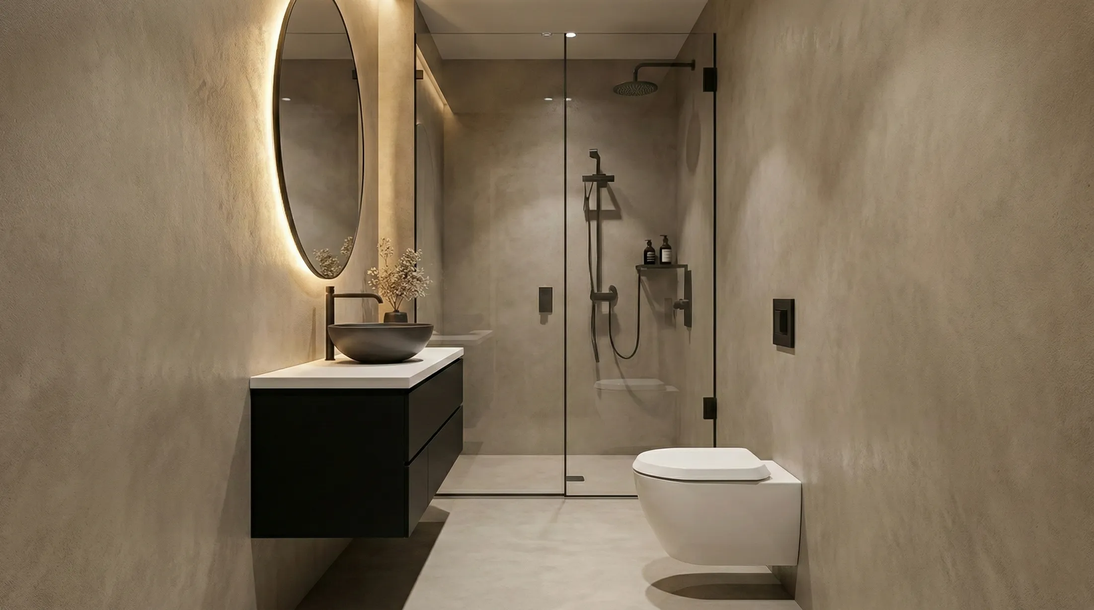 Modern minimalist bathroom with beige walls, floating black vanity with round illuminated mirror, vessel sink, glass-enclosed shower, and wall-mounted toilet.