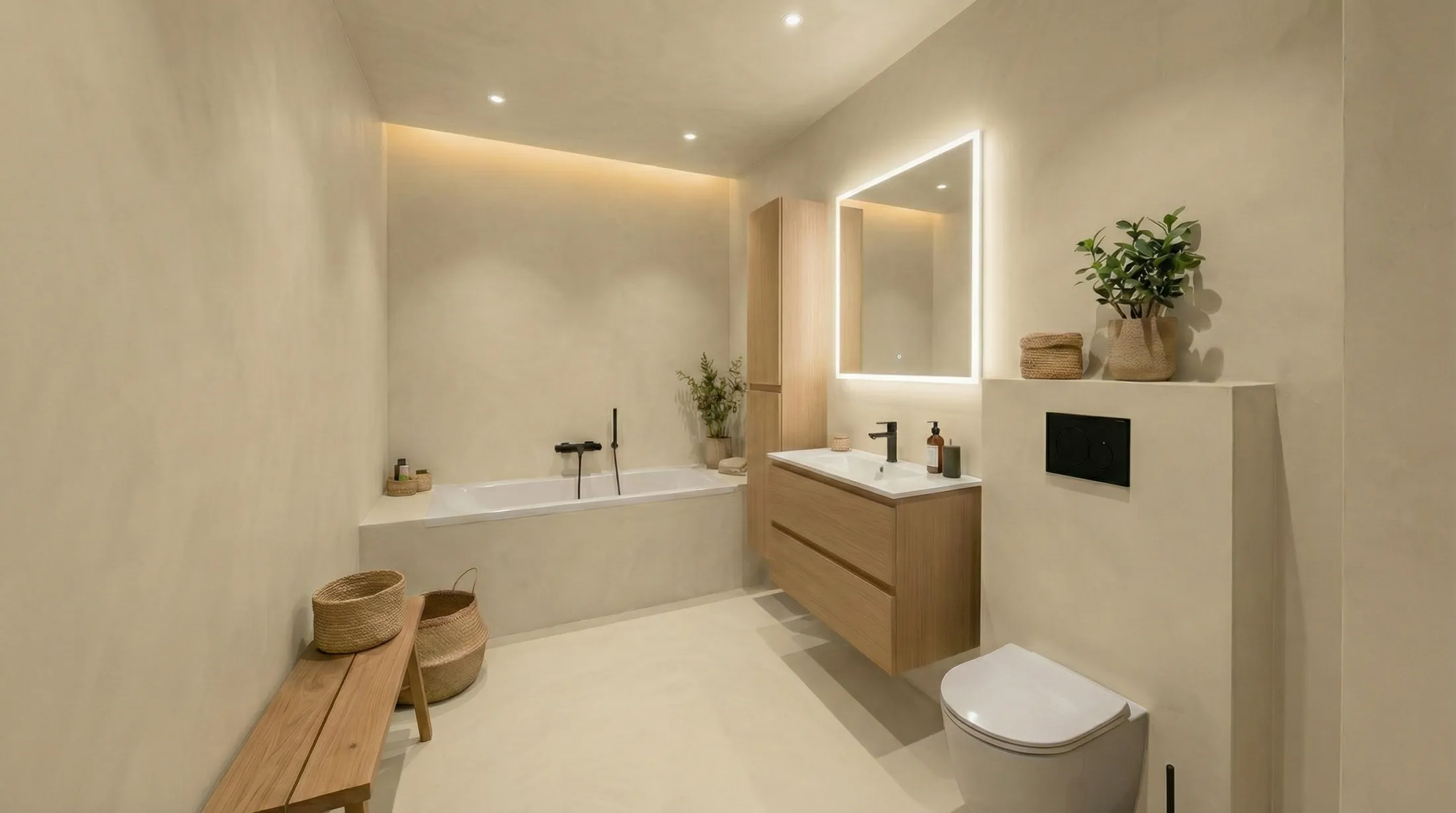 Minimalist bathroom with beige walls, wooden vanity with illuminated mirror, bathtub, toilet, wooden bench, and woven baskets.
