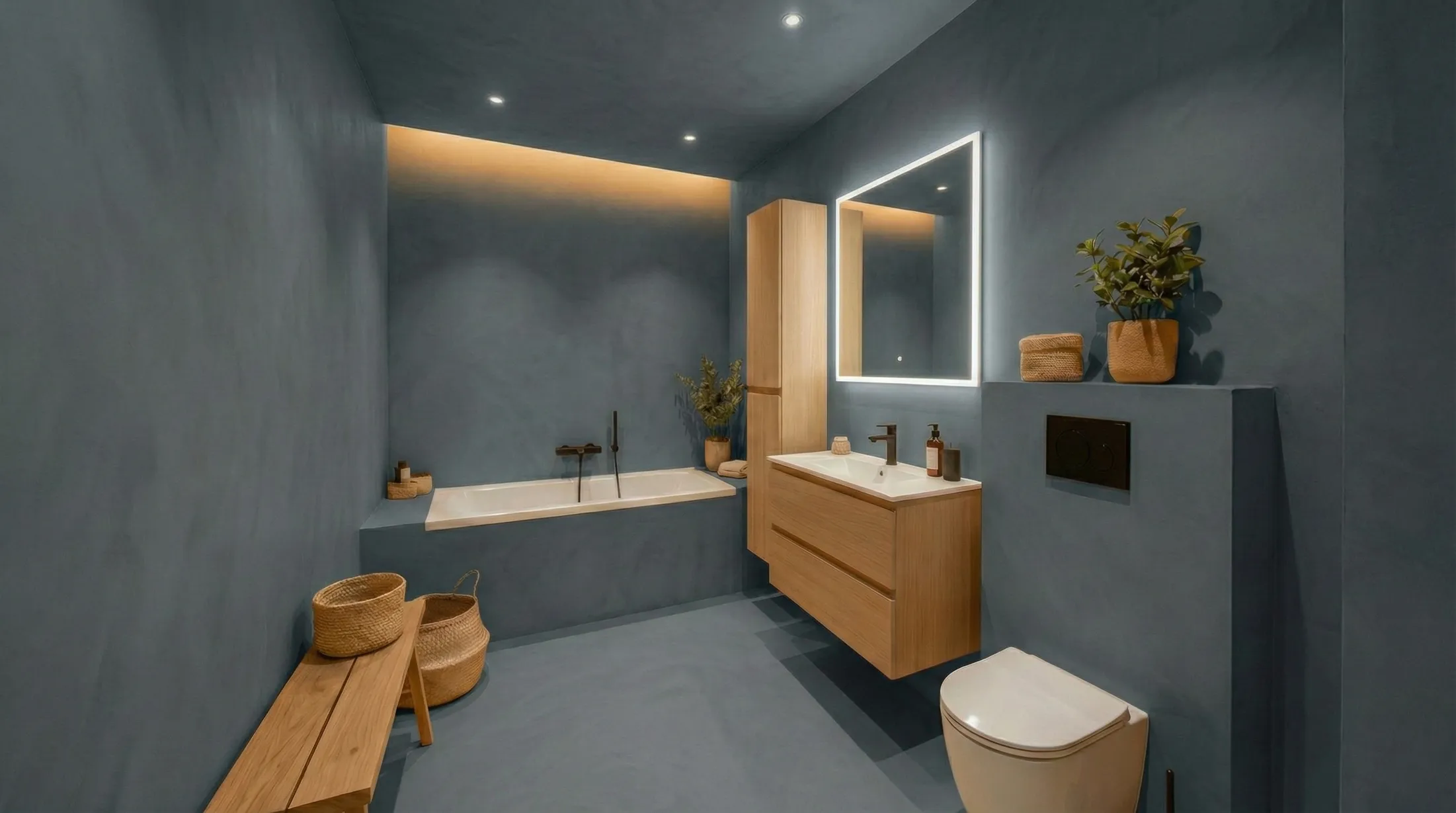 Modern bathroom with blue walls, wooden vanity, illuminated mirror, bathtub, bench with baskets, and potted plants.