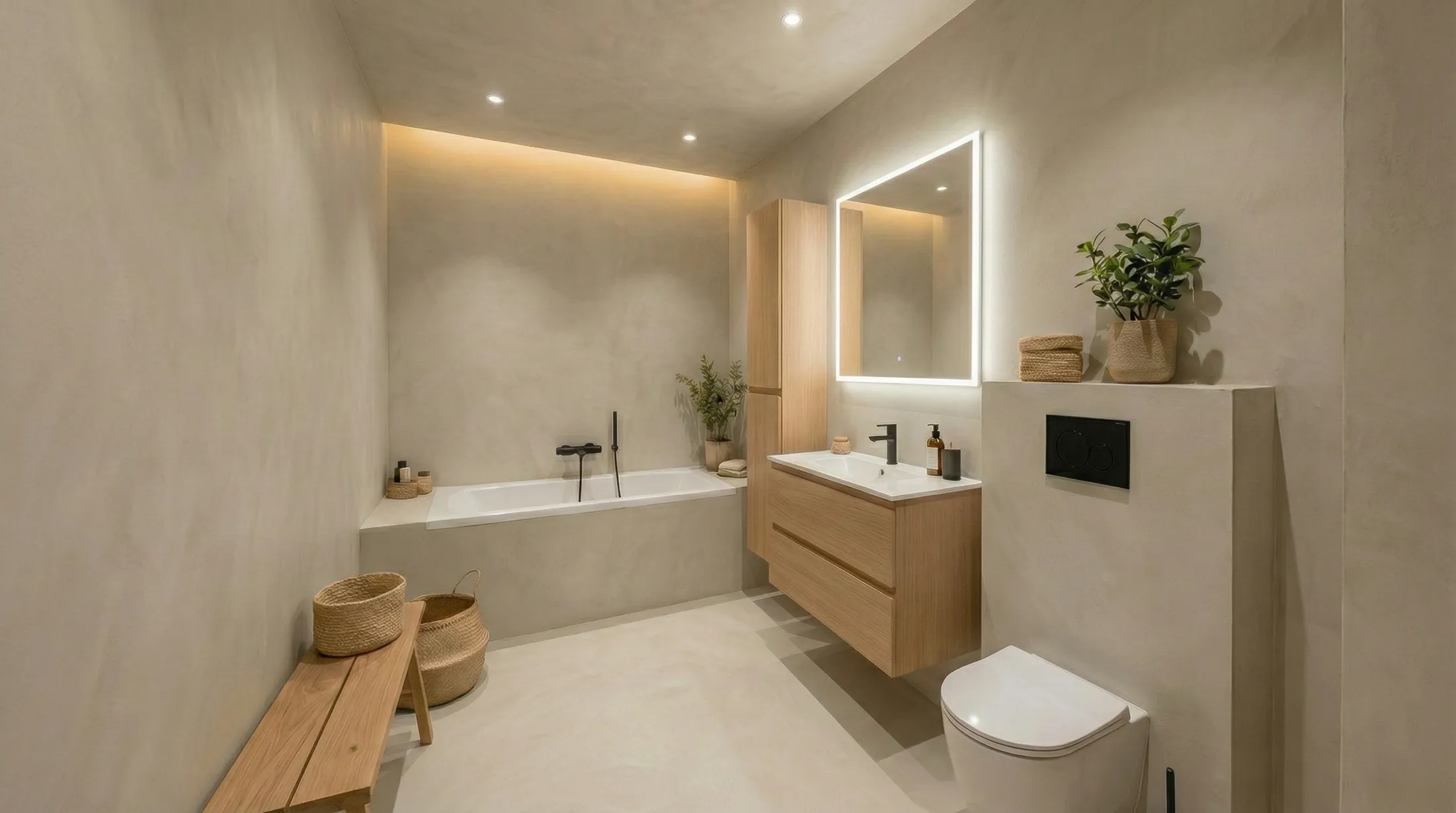 Modern bathroom with beige walls, a wooden vanity with illuminated mirror, built-in bathtub, toilet, and natural decorative baskets and plants.
