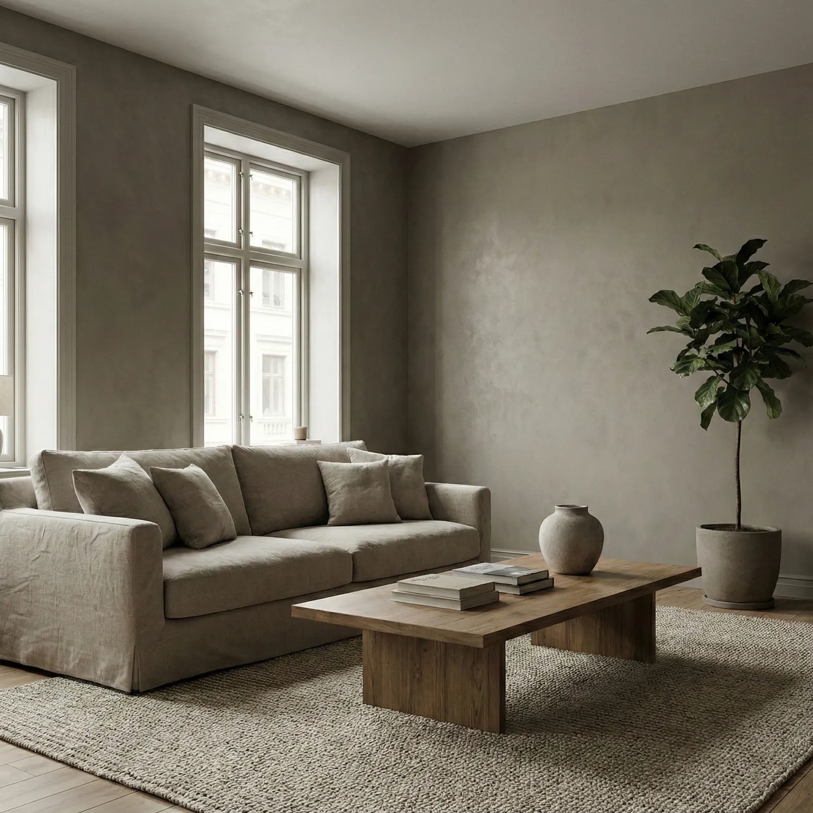 Minimalist living room with a beige sofa, wooden coffee table with books and vase, large windows, and a potted plant.