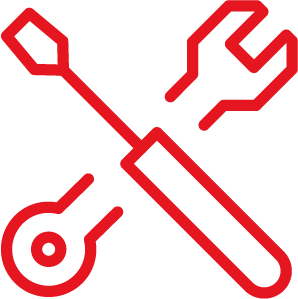 Rotes Symbol mit gekreuzten Schraubendreher, Schraubenschlüssel und Zahnrad, das Werkzeuge und Wartung symbolisiert.