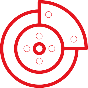 Rotes Symbol einer Autobremscheibe und eines Bremssattels.
