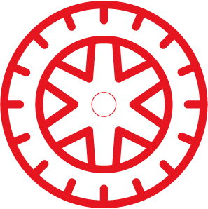 Rotes Symbol eines Autoreifens mit einem Fünfspeichen-Felgendesign.