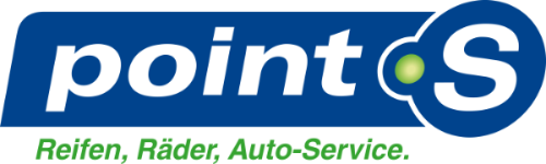 Point S-Logo mit weißem Text und einem grünen Punkt auf blauem Hintergrund.