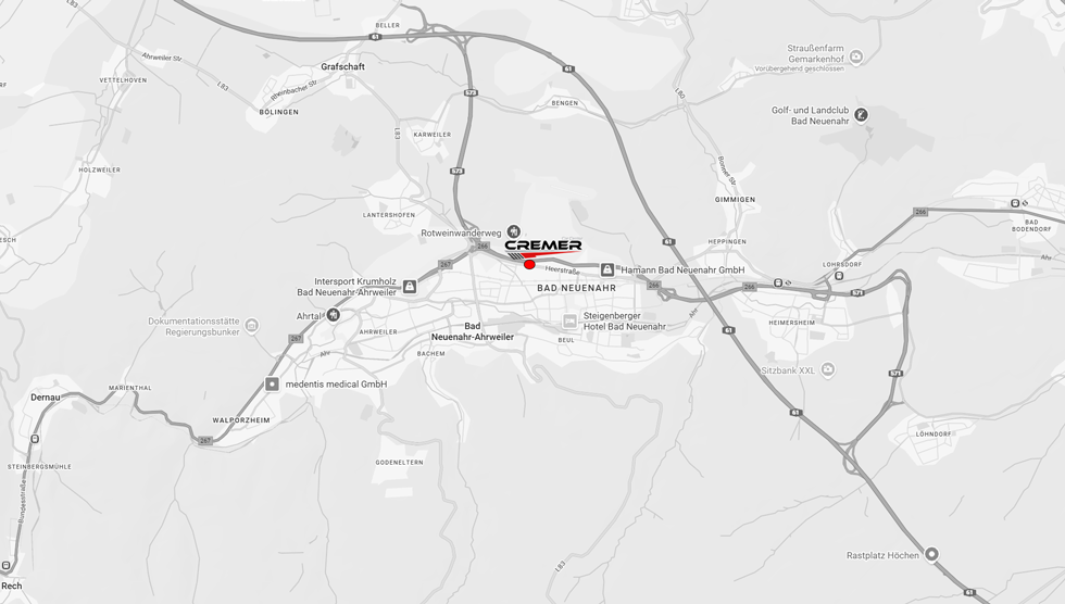 Karte mit Straßen und Orten rund um Bad Neuenahr in Deutschland, auf der ein roter Punkt und das Cremer-Logo einen bestimmten Punkt in der Nähe der Heerstraße markieren.