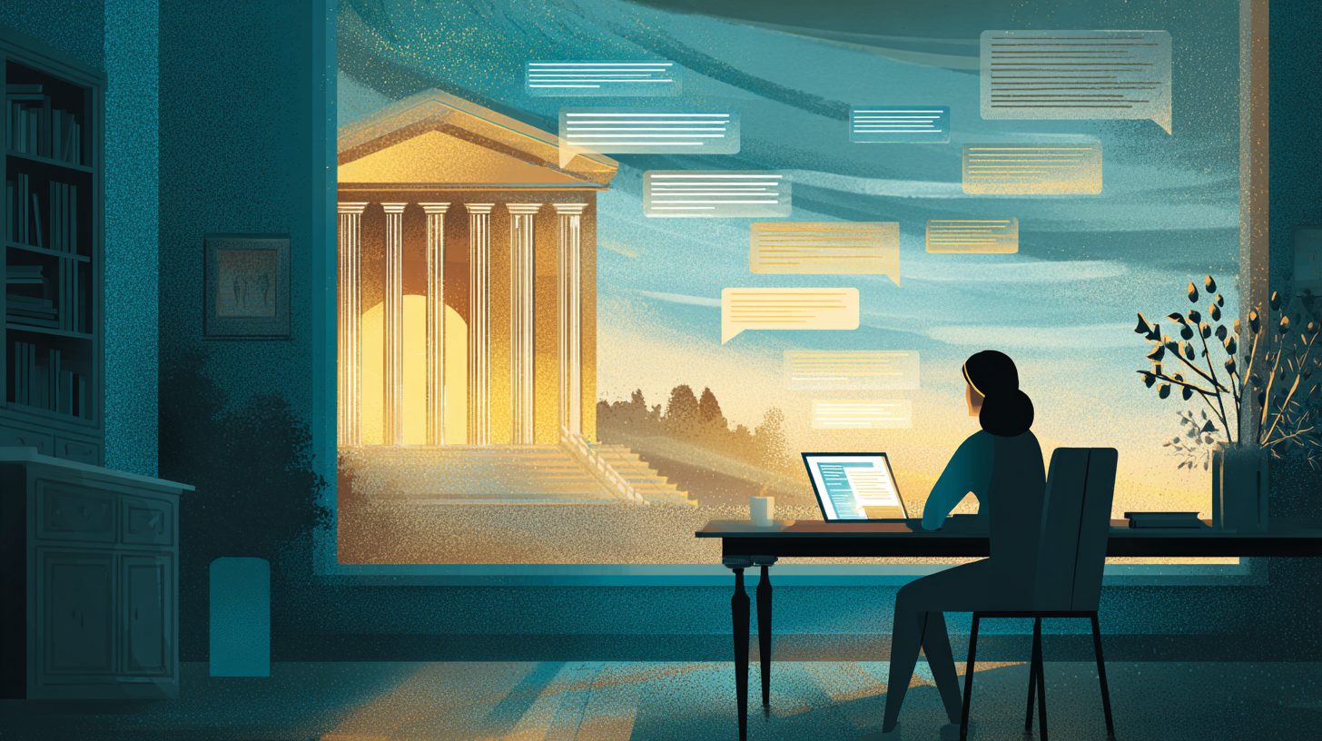 Illustration of a person researching legal questions on a laptop at night while a courthouse stands outside the window at dawn