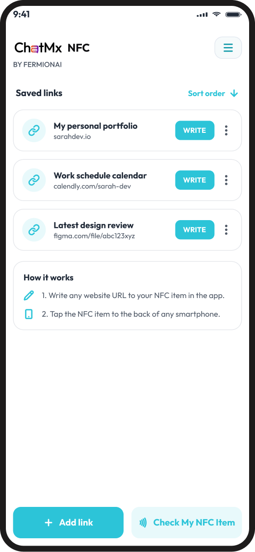 ChatMx NFC app showing saved links
