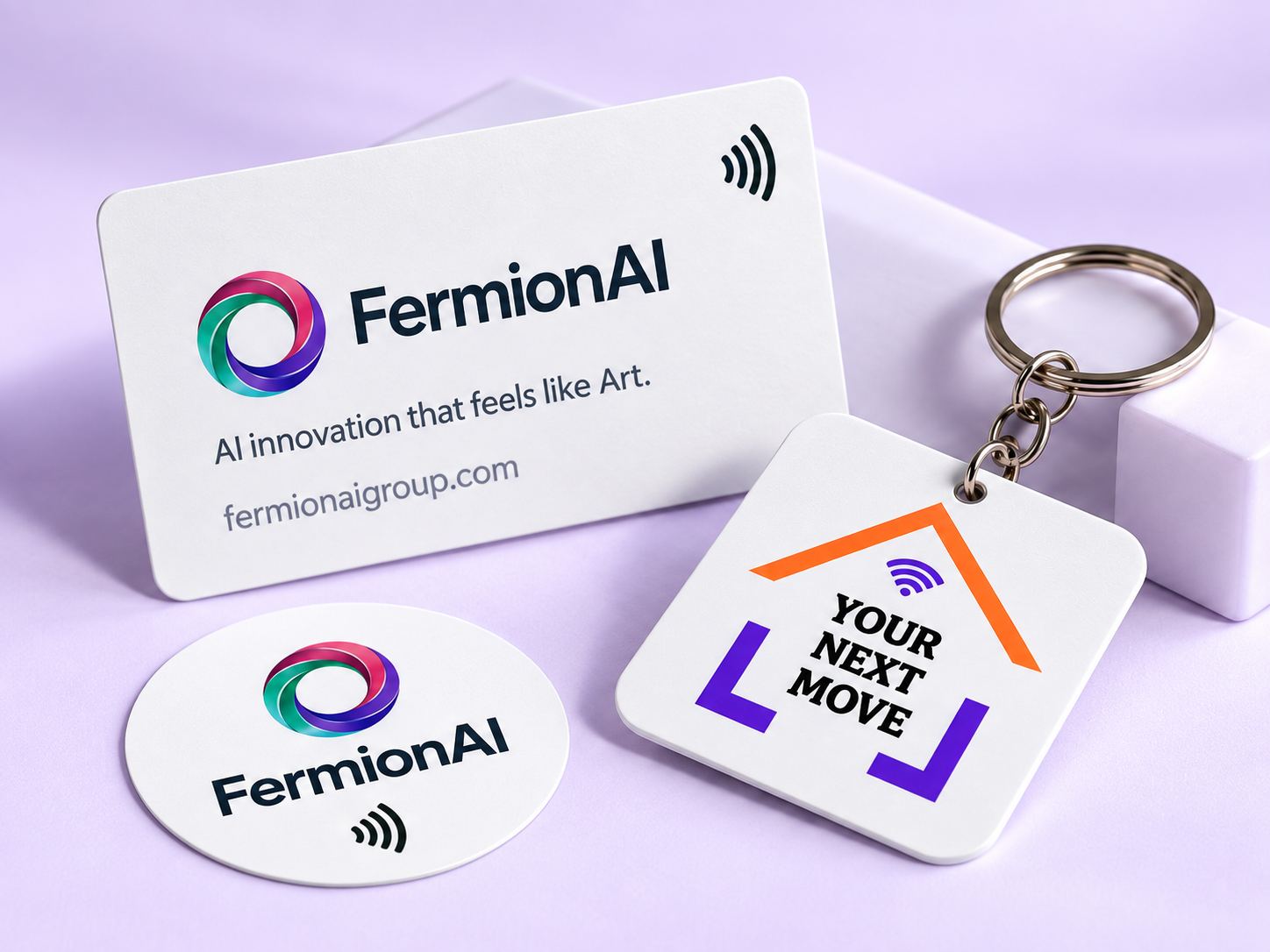 FermionAI NFC business card and sticker with Your Next Move NFC keychain