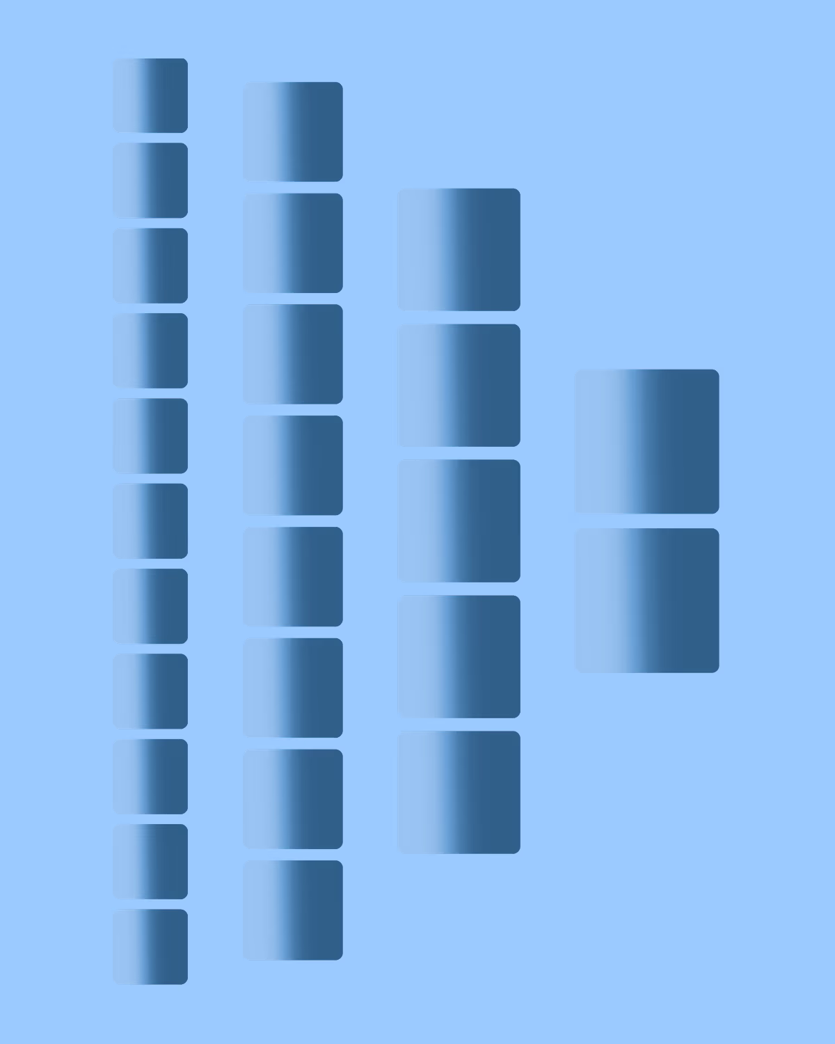 Four vertical columns of stacked rounded squares, progressively increasing in size from left to right while decreasing in row count, resembling a stepped data structure.