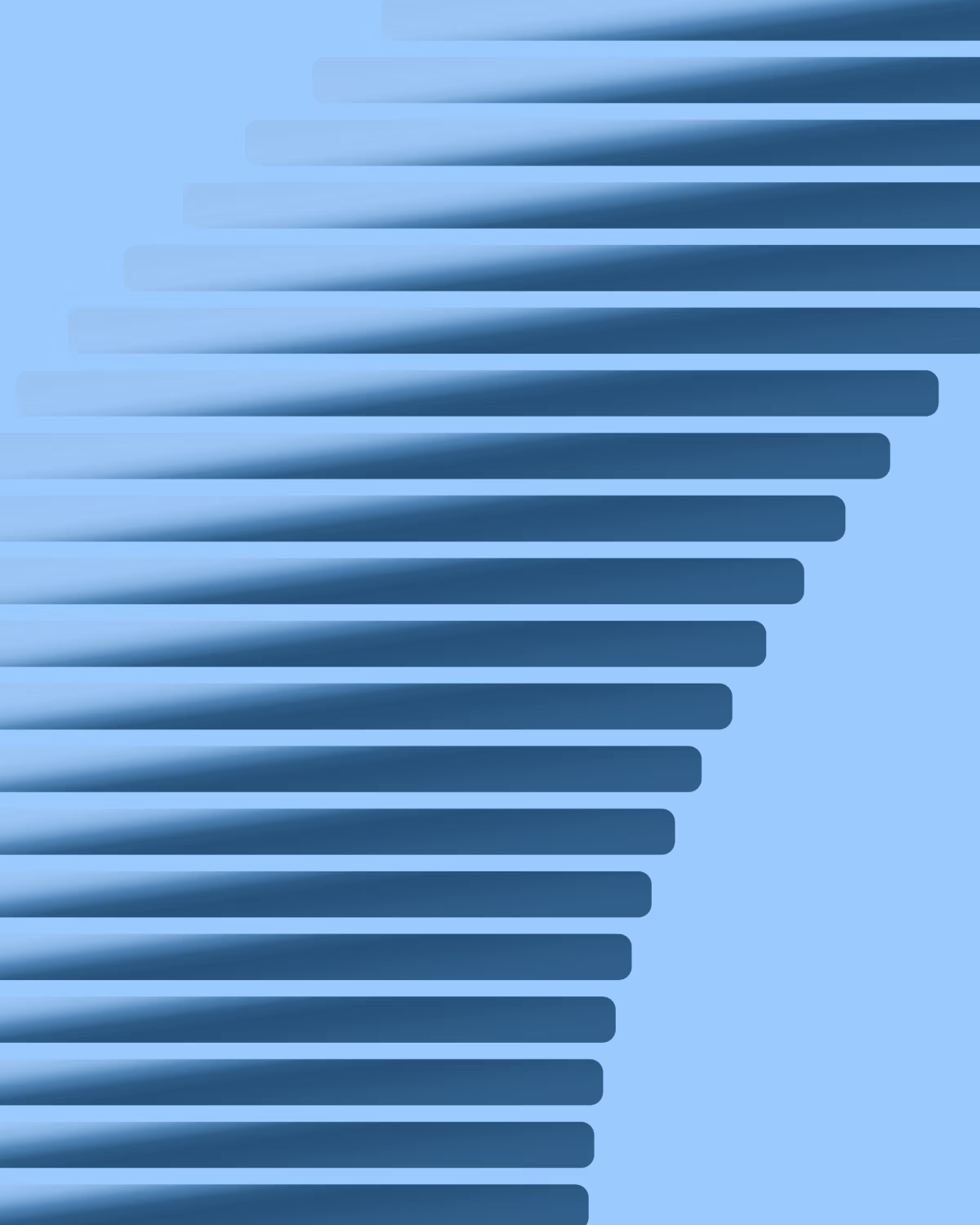 Staggered horizontal rounded bars of varying lengths arranged diagonally, with gradient shading from opaque to translucent across each bar.