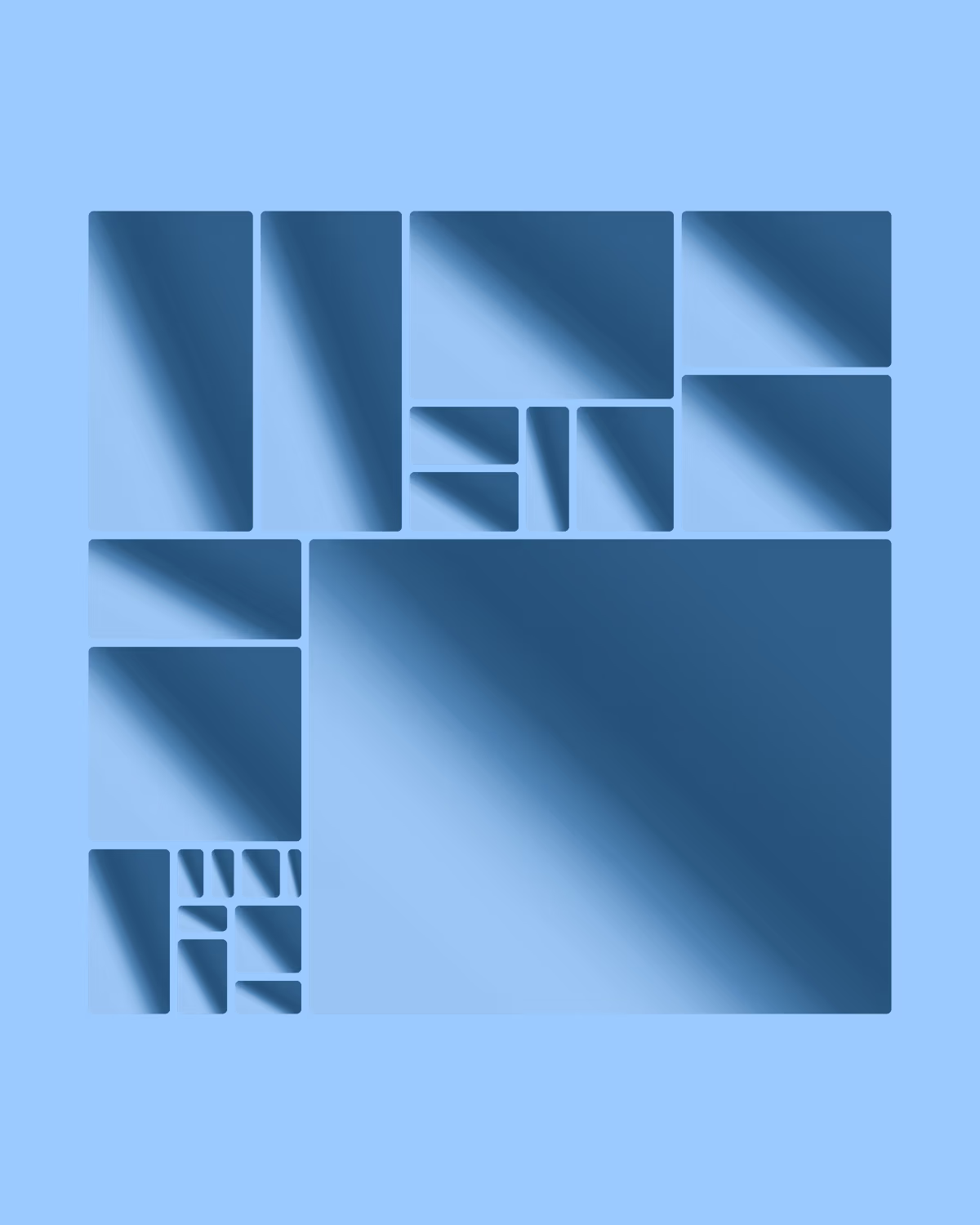 Modular composition of rectangles in varied sizes arranged in an asymmetric grid, each filled with a directional gradient, resembling an abstract architectural layout.
