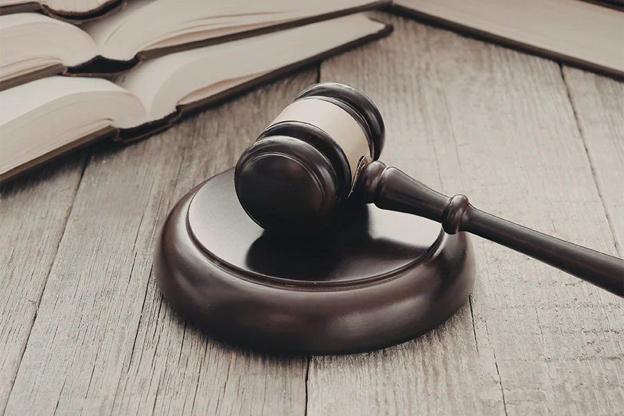 Wooden judge's gavel resting on sound block on a wooden surface with open books nearby.