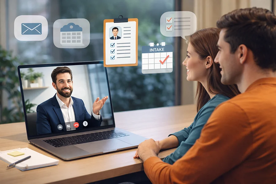 Couple video conferencing a male professional on a laptop with intake and checklist icons floating above.