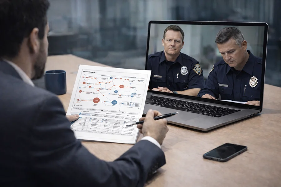 Man in suit holding a document with charts during a video call with two police officers on laptop.