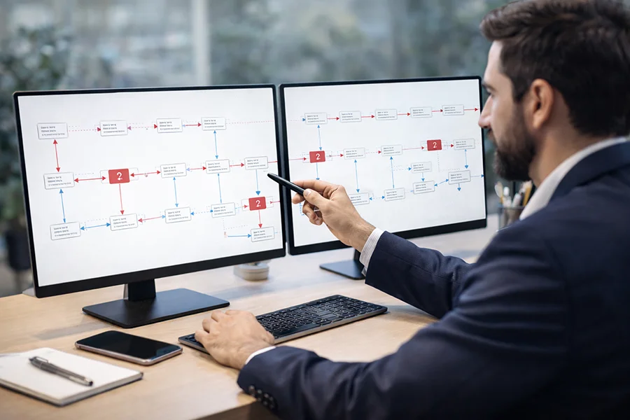 Man in business attire pointing at flowchart diagrams on dual computer monitors at desk.