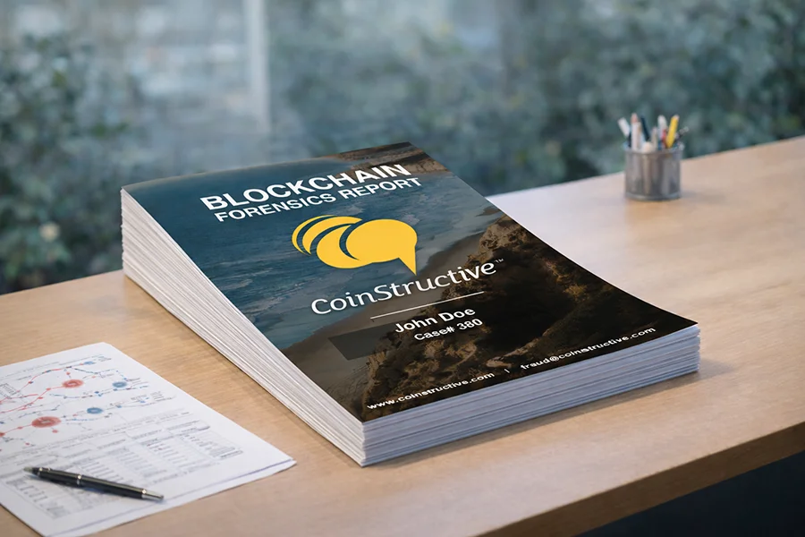 Stack of blockchain forensics reports titled CoinStructive by John Doe on a wooden desk with papers and pens.