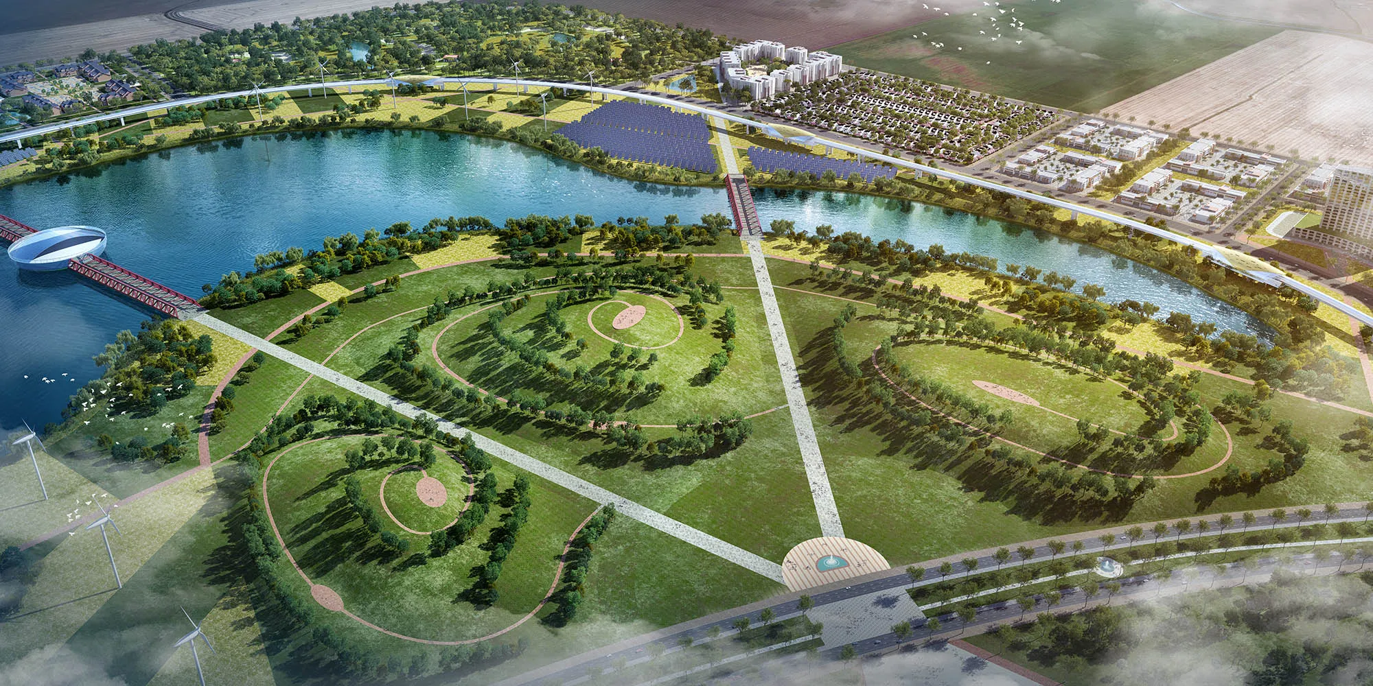 A 3D rendering of a park with a river and a baseball field.